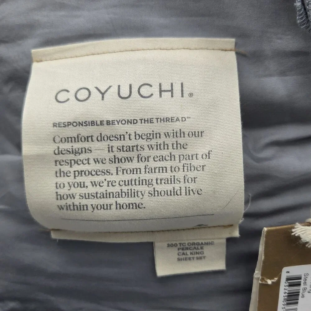 Coyuchi 100% Organic Percale Cotton Cal-King Sheet Set Steel Blue 300TC GOTS New